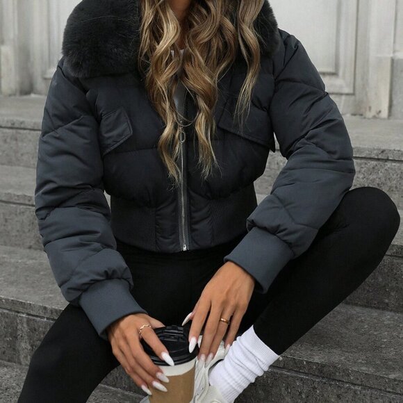 Dark Grey Chic Women's Cropped Collar Gathered Waist Faux Fur Trim Bomber Jacket - Picture 4 of 6